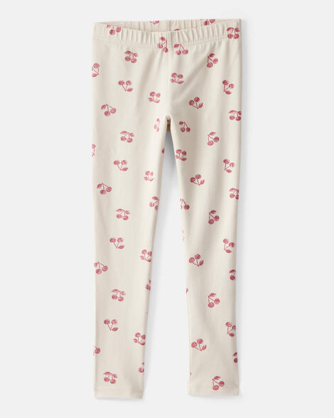 girls cherry print cotton pull-on stretch leggings - ivory