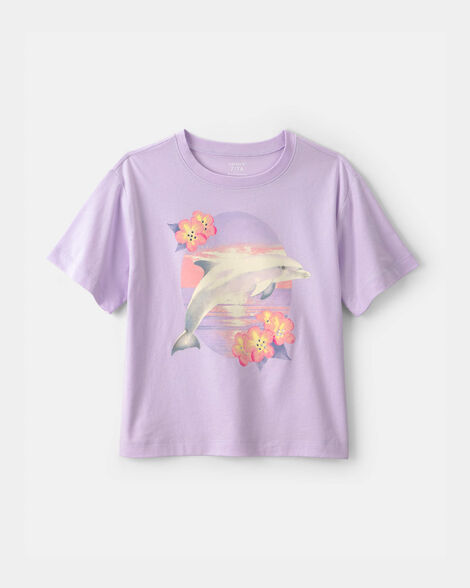 girls floral dolphin oversized graphic tee - purple