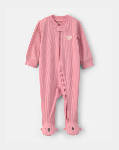 baby girl koala cotton 2-way zip sleep & play pajamas - pink