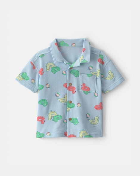 toddler boy pool floatie short-sleeve button-down shirt - blue