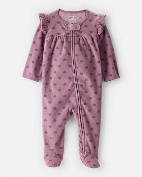 baby girl heart print fleece long-sleeve sleep & play pajamas - purple