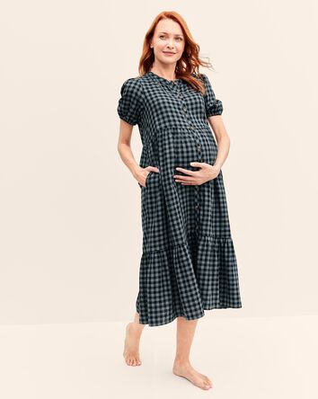 Adult Women's Maternity Plaid Button-Front Relaxed Fit Dress