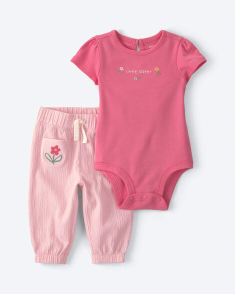 baby girl 2-piece 'little sister' flower bodysuit & pant set - pink