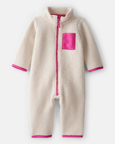 baby girl color block fleece long-sleeve jumpsuit - cream/pink