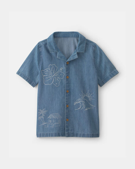 Boys Tropical Denim Short-Sleeve Button-Down Shirt - Medium Wash