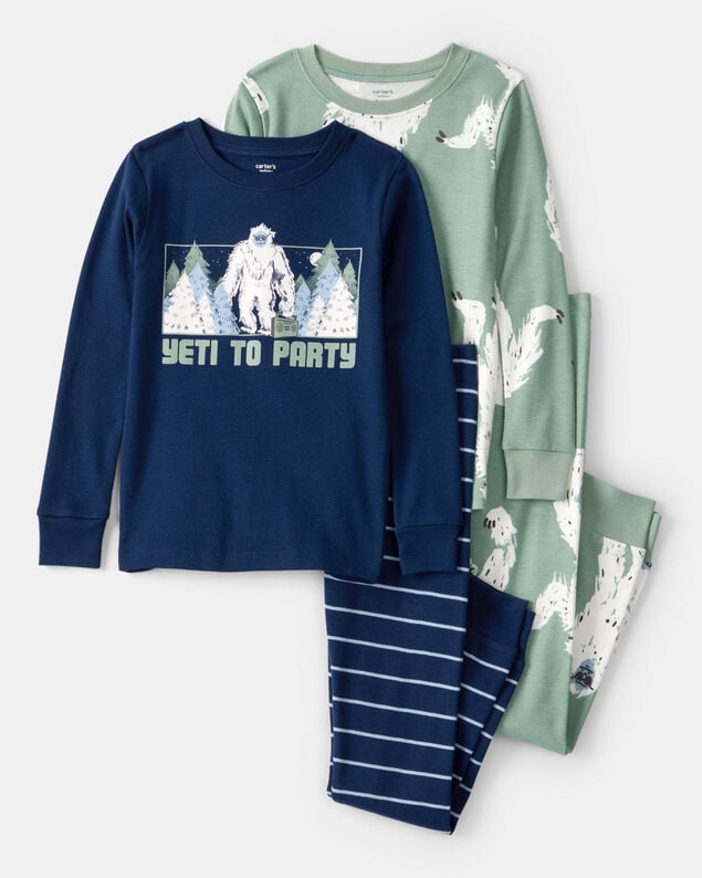 Product image 1 of Boys Yeti Print 100% Cotton Long-Sleeve Snug Fit 4-Piece Pajamas - Green/Navy