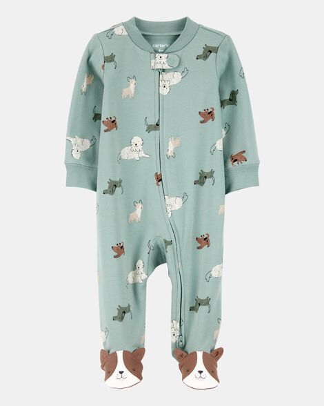 baby boy dog print 2-way zip cotton sleep & play pajamas - green