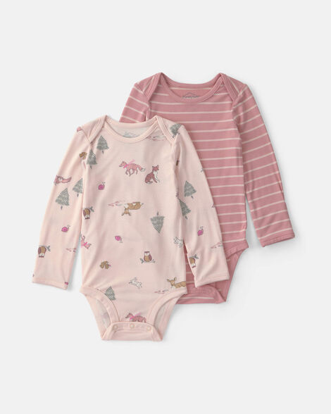 baby girl 2-pack woodland purelysoft™ long-sleeve multipack bodysuits - pink