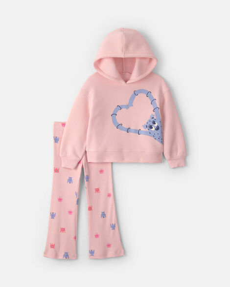 toddler girl 2-piece monster heart fleece hoodie & pant set - pink/purple