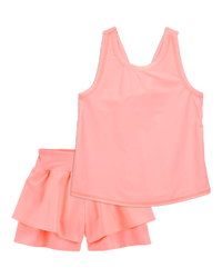 Kid 2-Piece Floral Active Twist Tank & Flowy Layered Flip Short Set - Coral
