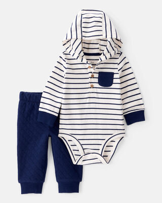 Product image 1 of Baby 2-Piece Striped Hooded Long-Sleeve Bodysuit Pant Set - White/Navy