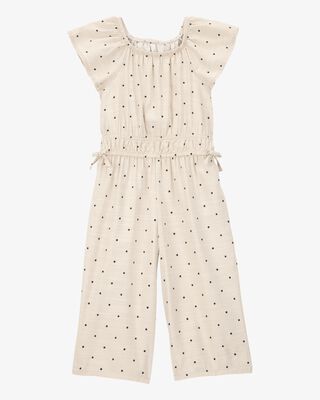 Product image 1 of Toddler Polka Dot Linen Look-alike Short-Sleeve Jumpsuit - Tan