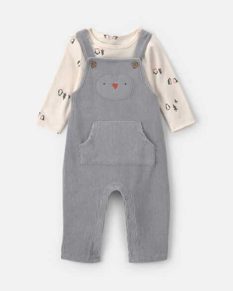 baby boy 2-piece penguin long-sleeve overall set - grey/cream
