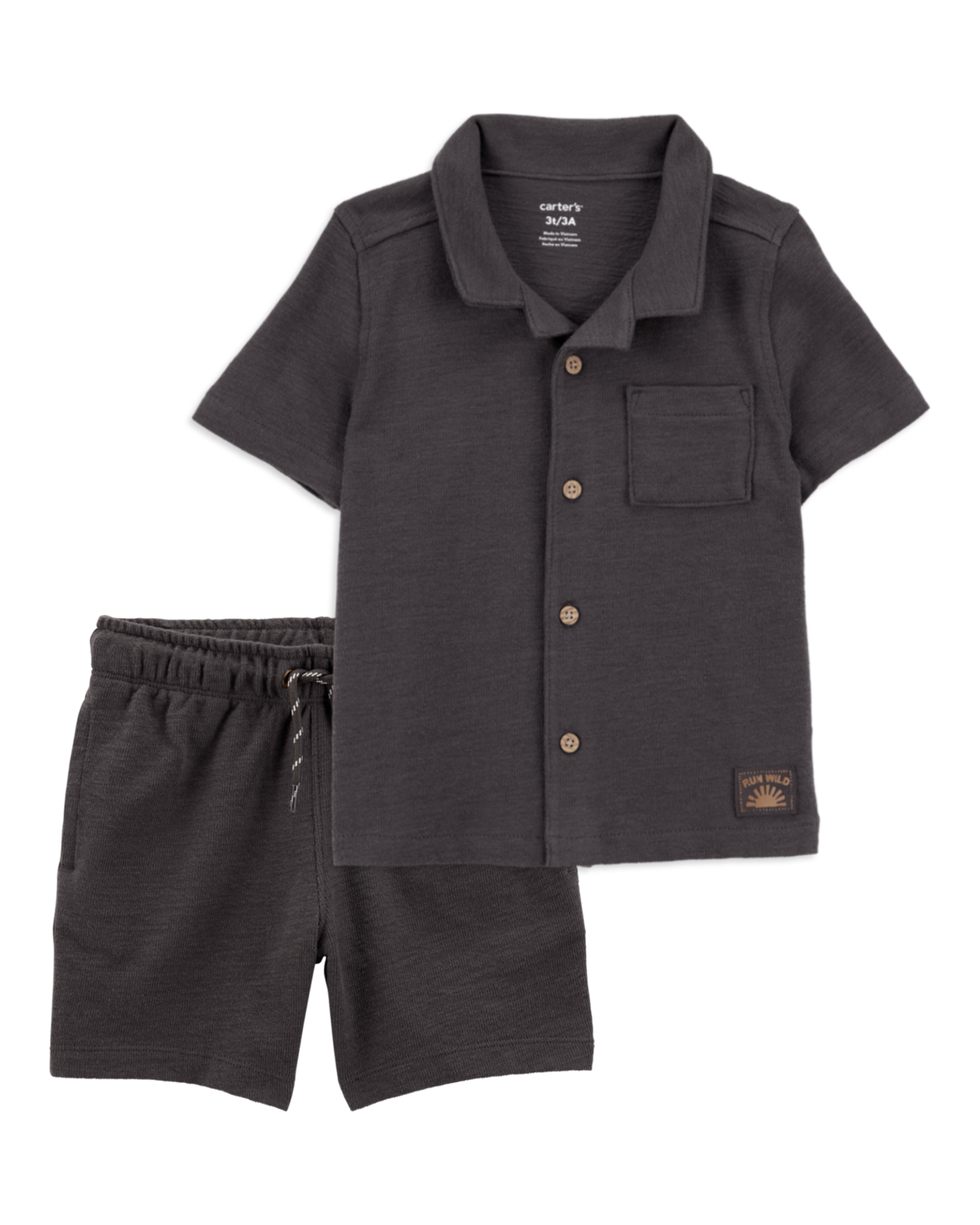 Toddler 2-Piece Textured Button-Down Jacquard Shirt & Shorts Set - Brown/Black