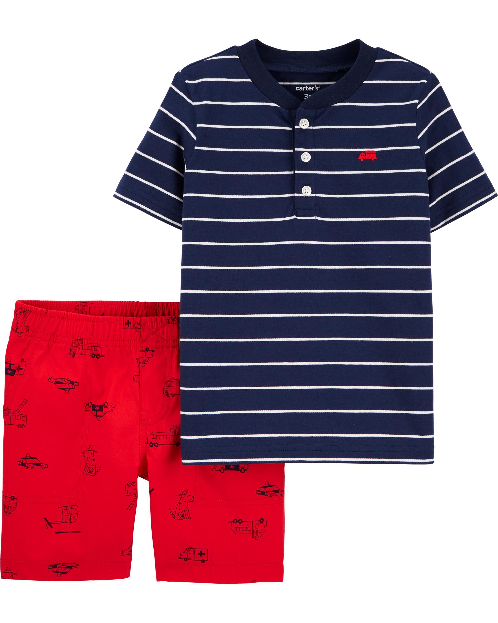 *CLEARANCE* 2-Piece Striped Jersey Henley & Poplin Short Set