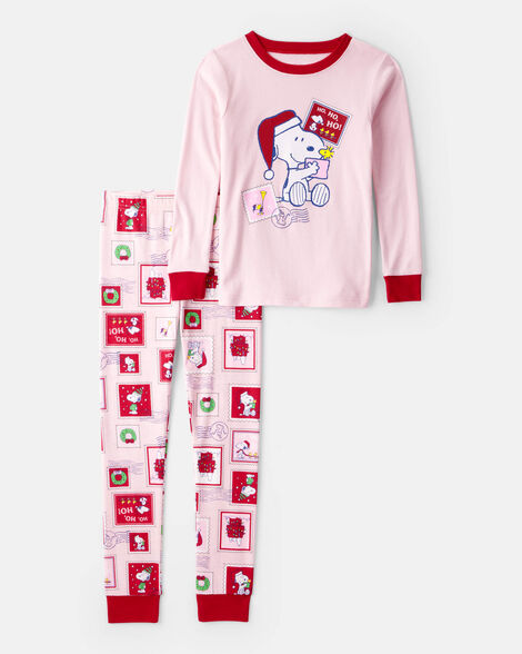 girls peanuts snoopy print 100% cotton long-sleeve snug fit 2-piece pajamas - pink