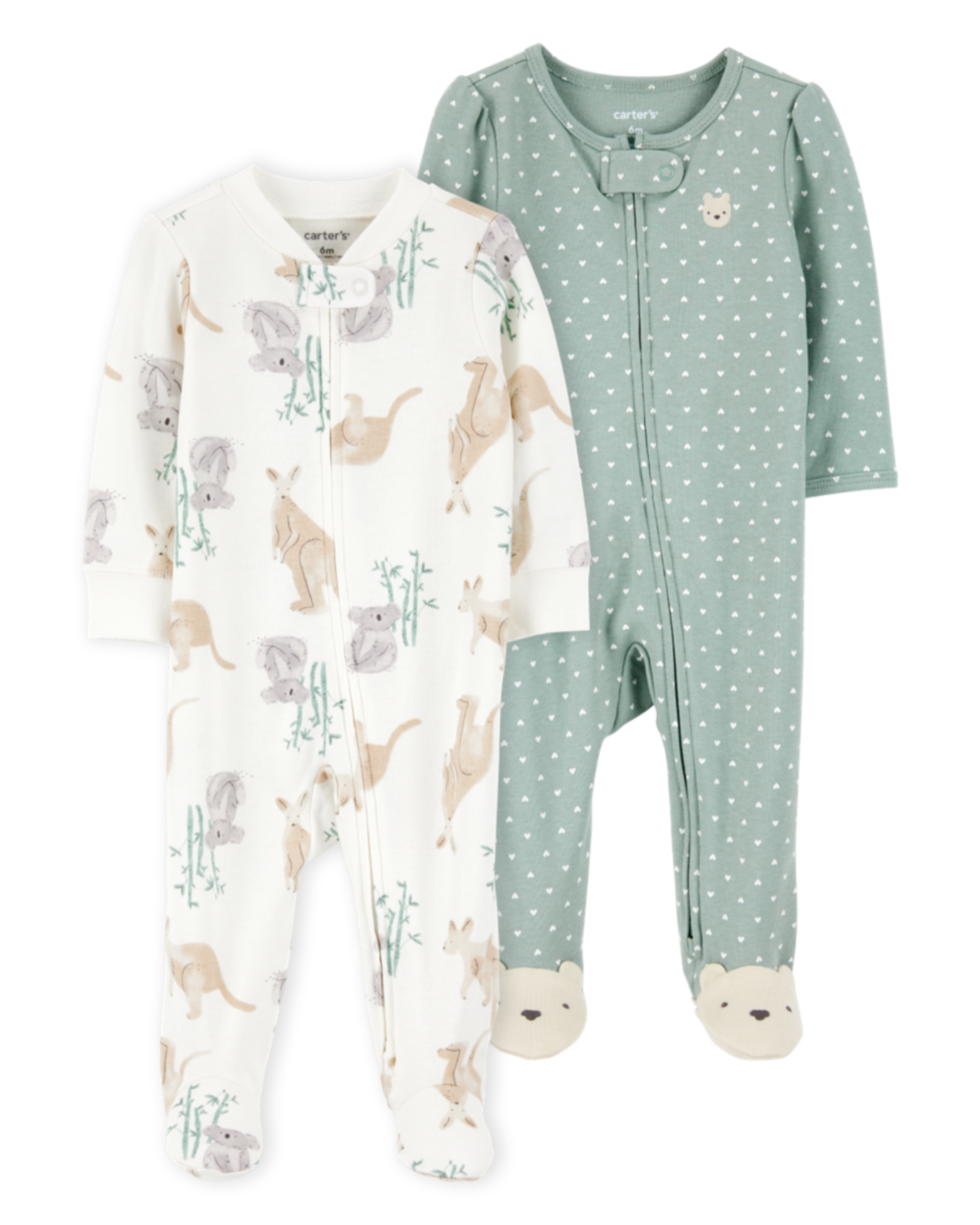 Baby 2-Pack  Cotton 2-Way Zip Sleep & Play Pajamas - Green/Ivory