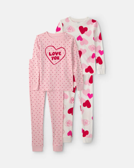 girls 'love you' valentine's day 100% cotton 4-piece pajama set - pink
