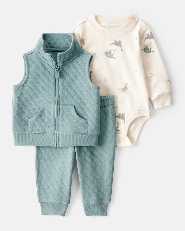 Product image 1 of Baby 3-Piece Quilted Dinosaur Little Vest Set - Green/Ivory