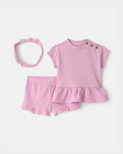 baby girl 3-piece textured top & short set - pink