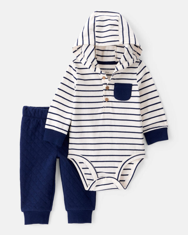 Product image 1 of Baby Boy 2-Piece Striped Hooded Long-Sleeve Bodysuit Pant Set - White/Navy
