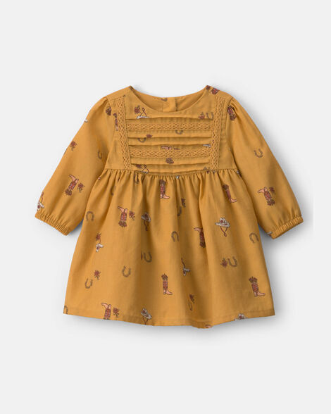 Baby Girl Horseshoe Twill Long-Sleeve Dress - Khaki