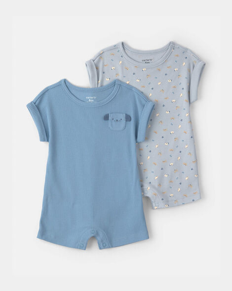 baby boy 2-pack dog short-sleeve rompers - blue
