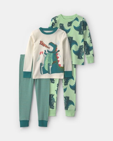 toddler boy 4-piece 'yawn!' dino 100% cotton snug fit pajama set - green/cream