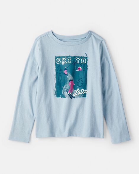 girls skiing long-sleeve graphic tee - blue