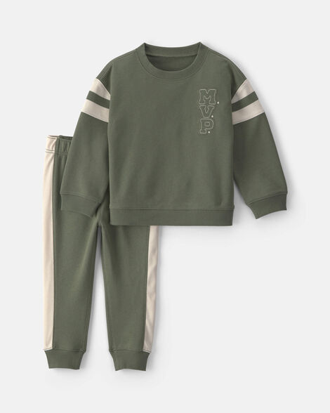 toddler boy 2-piece 'mvp' french terry long-sleeve top & pant set - olive green