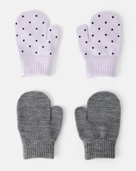 toddler girl 2-pack cat polka dot winter mittens - purple/grey