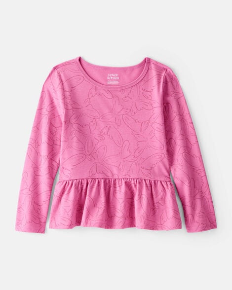 girls butterfly long-sleeve peplum top - pink