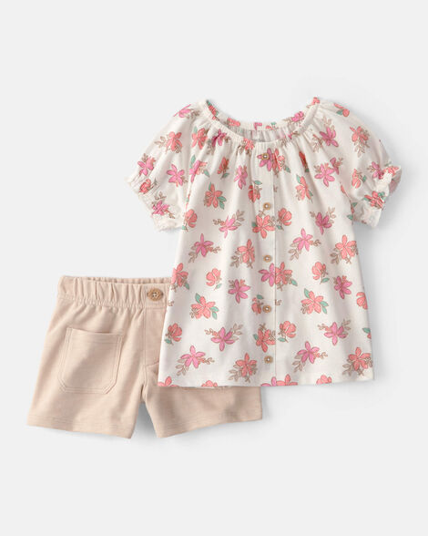 toddler girl 2-piece floral top & short set - cream/tan