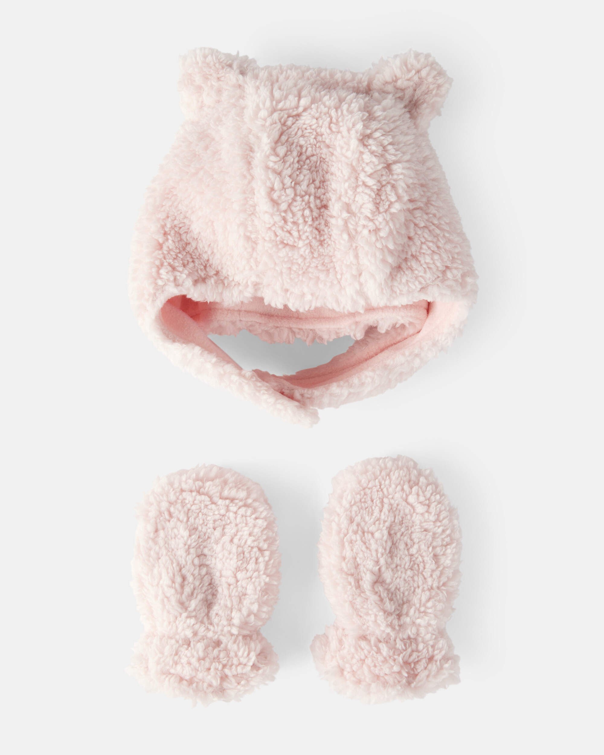 Baby Girl Sherpa Winter Hat & Mittens Set