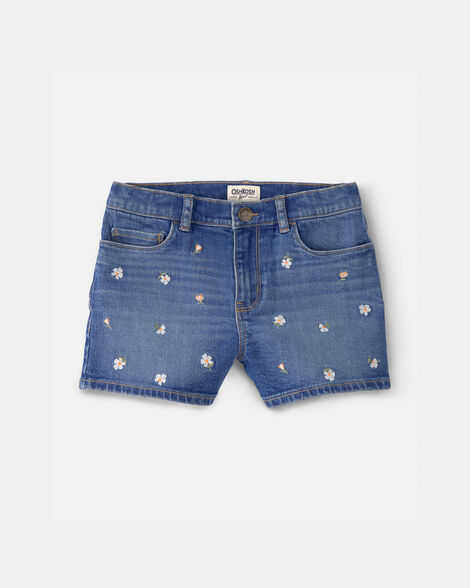 Girls Floral Denim Embroidered Shorts - Medium Wash