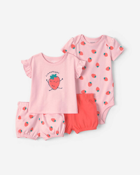 baby girl 4-piece strawberry top & short set - pink