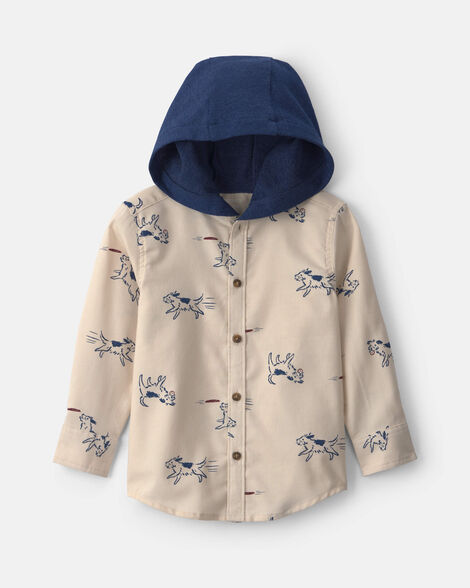 toddler boy dog long-sleeve button-down hooded shirt - cream/navy blue