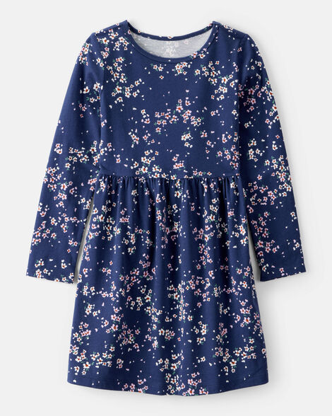 girls floral print long sleeve cotton dress - navy