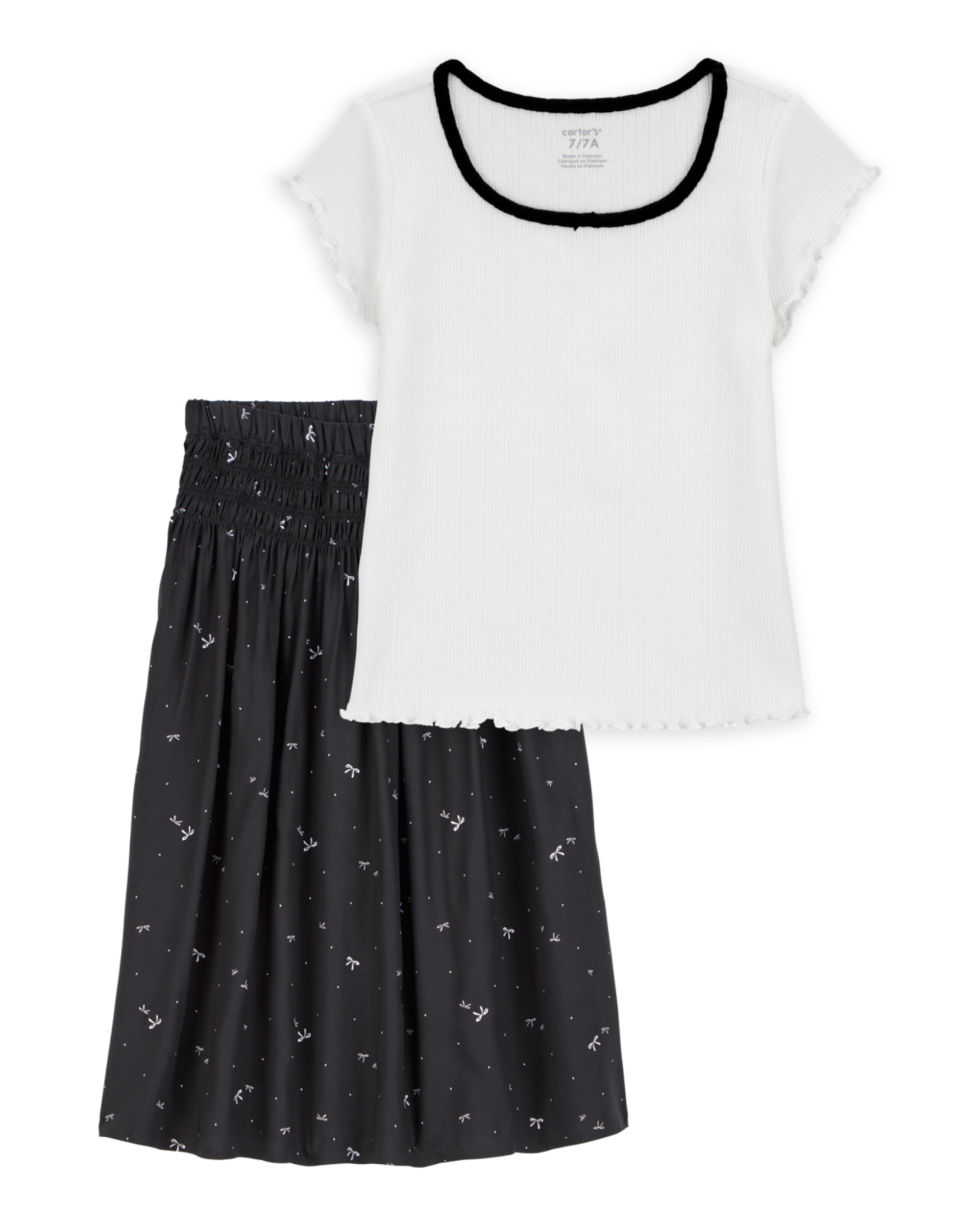 Kid 2-Piece Pointelle Tee & Bow Print Maxi Skirt Set - Black/White