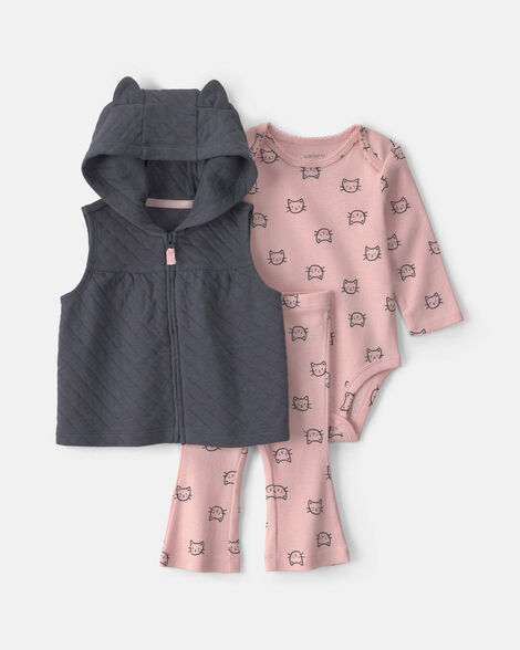 baby girl 3-piece cat hooded layering set - grey/pink