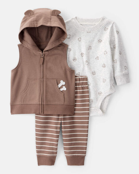 baby 3-piece dog little vest set - white/brown