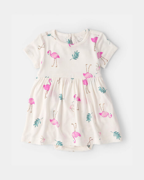 baby girl flamingo purelysoft short-sleeve bodysuit dress - ivory