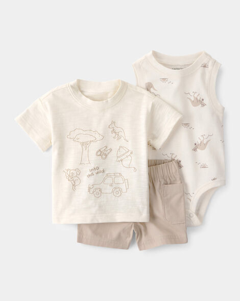 baby boy 3-piece into the wild top, bodysuit & short set - ivory/brown
