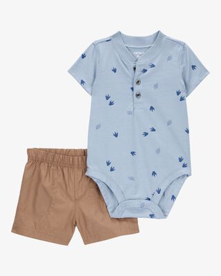 Product image 1 of Baby 2-Piece Dinosaur Footprint Bodysuit & Short Set - Blue/Brown