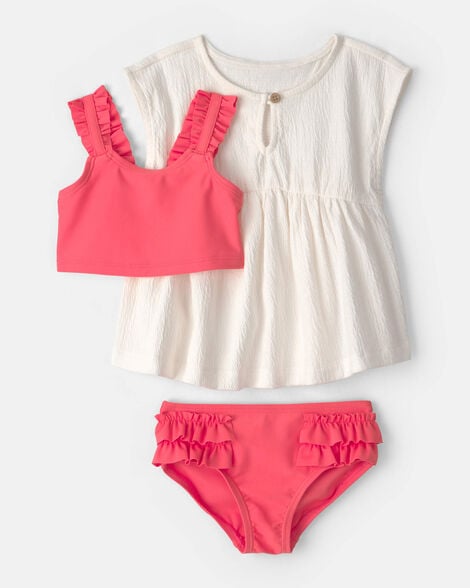 baby girl 3-piece tankini & cover-up set - orange/ivory