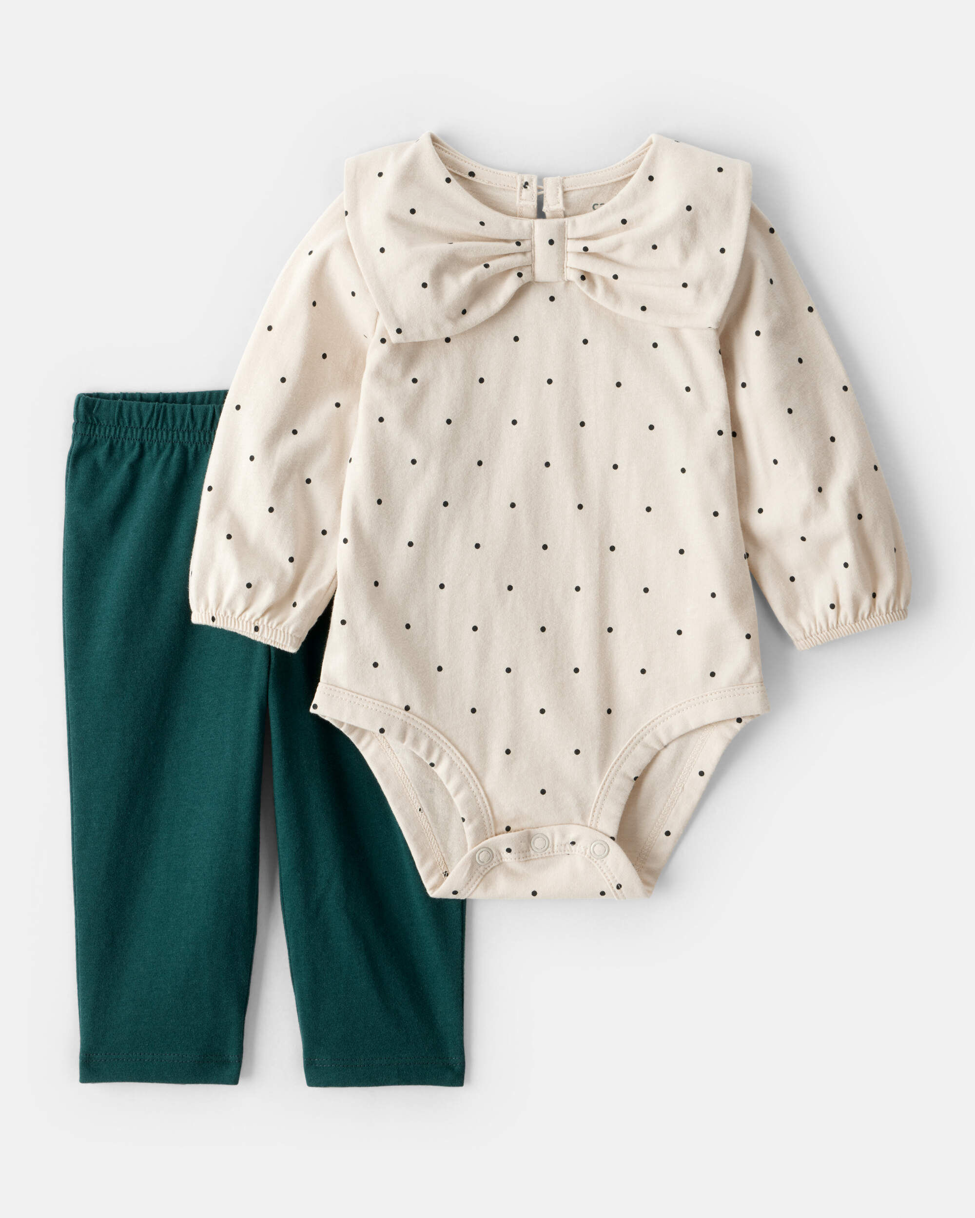 GIRYBABY CHEER UP BABY! プラッシュドール 2個セット Baby Girl 2-Piece Bow Bodysuit & Pant Set - Cream/Green