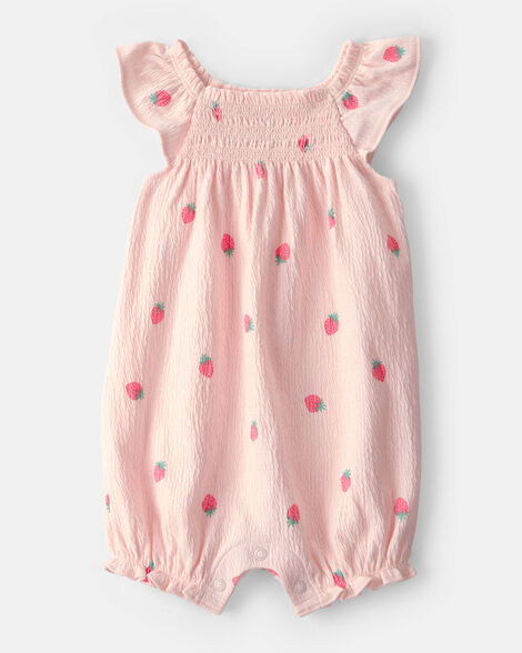baby girl strawberry flutter-sleeve romper - pink