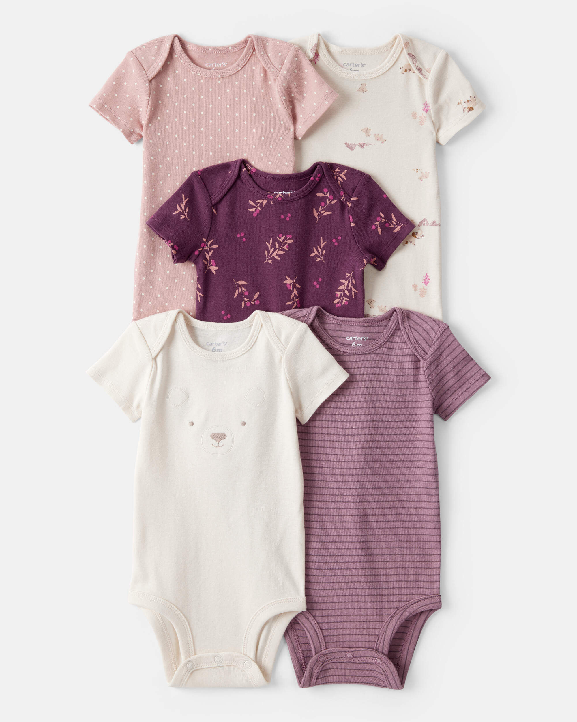 Baby Girl 5-Pack Bear Floral Multipack Bodysuits - White