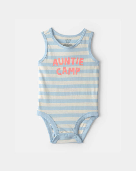 baby 'auntie camp' sleeveless graphic bodysuit - blue/ivory