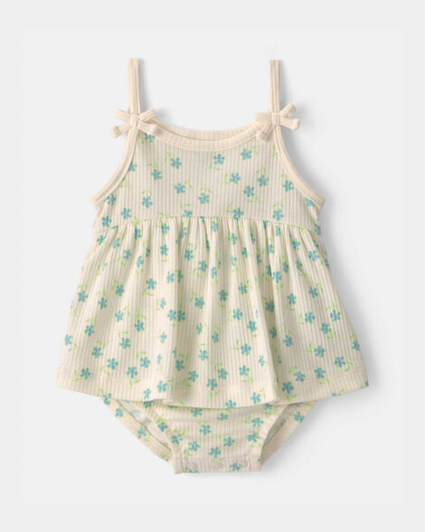 baby girl floral rib sleeveless bodysuit dress - cream